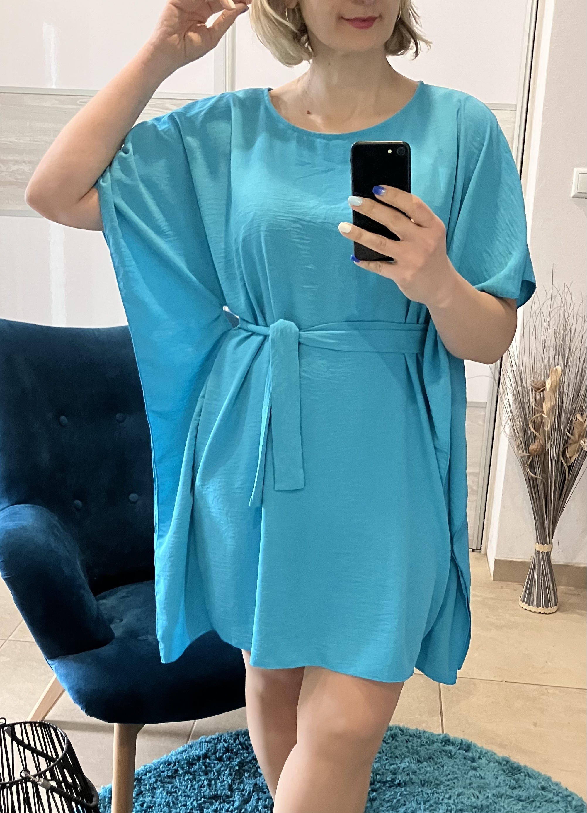 Dámske oversize netopierie šaty s opaskom modré (UNI - S,M,L,XL)