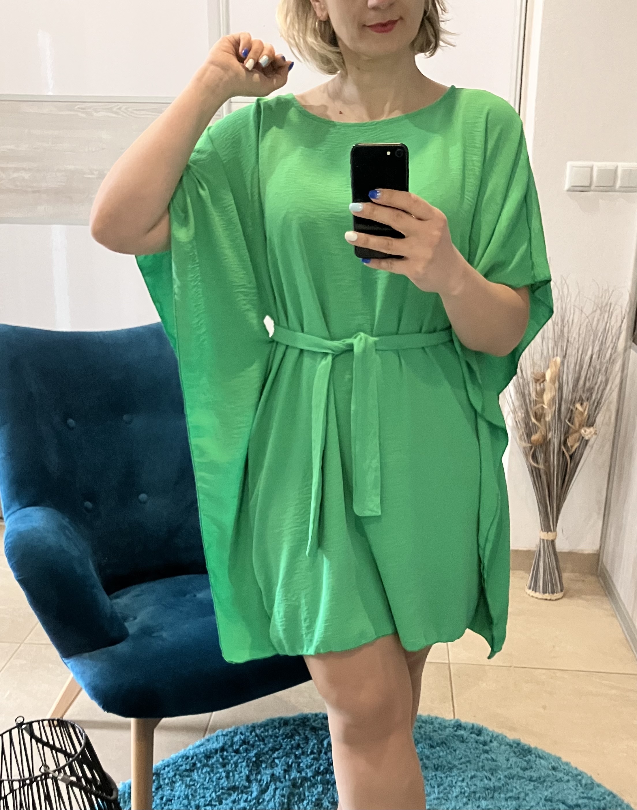 Dámske oversize netopierie šaty s opaskom zelené (UNI - S,M,L,XL)