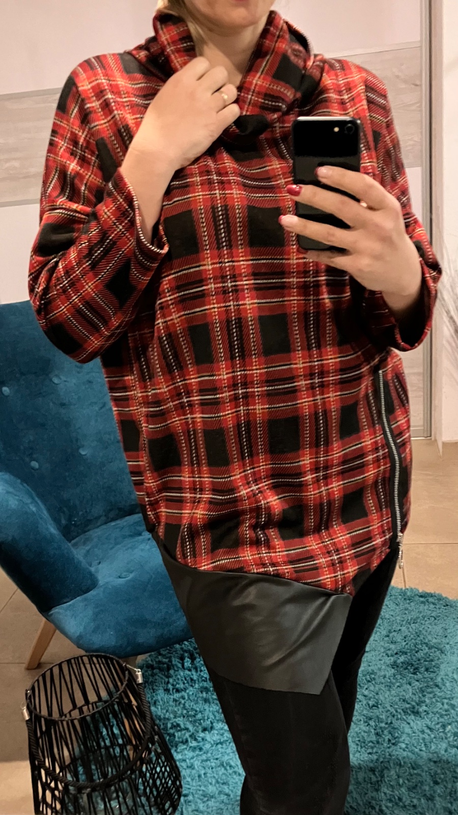 Károvaná tunika s koženkou a zipsom (UNI - S,M,L,XL)