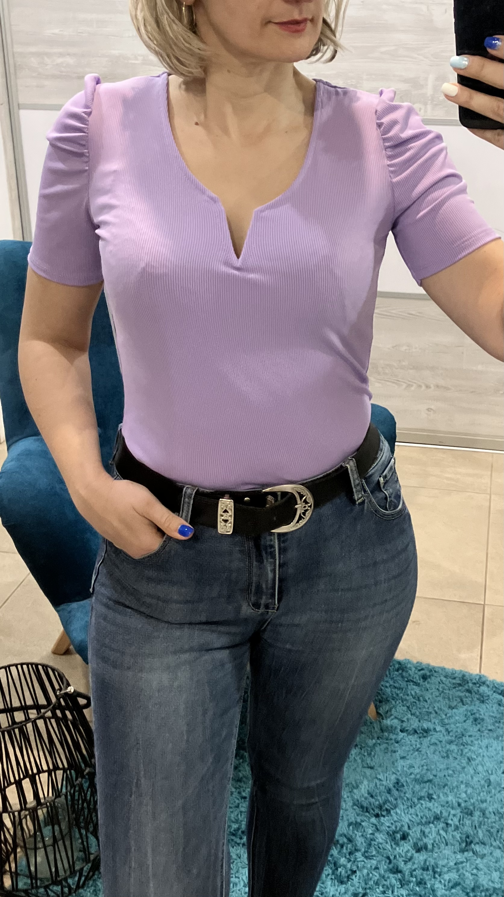 Rebrované tričko s nariasenými rukávmi fialové