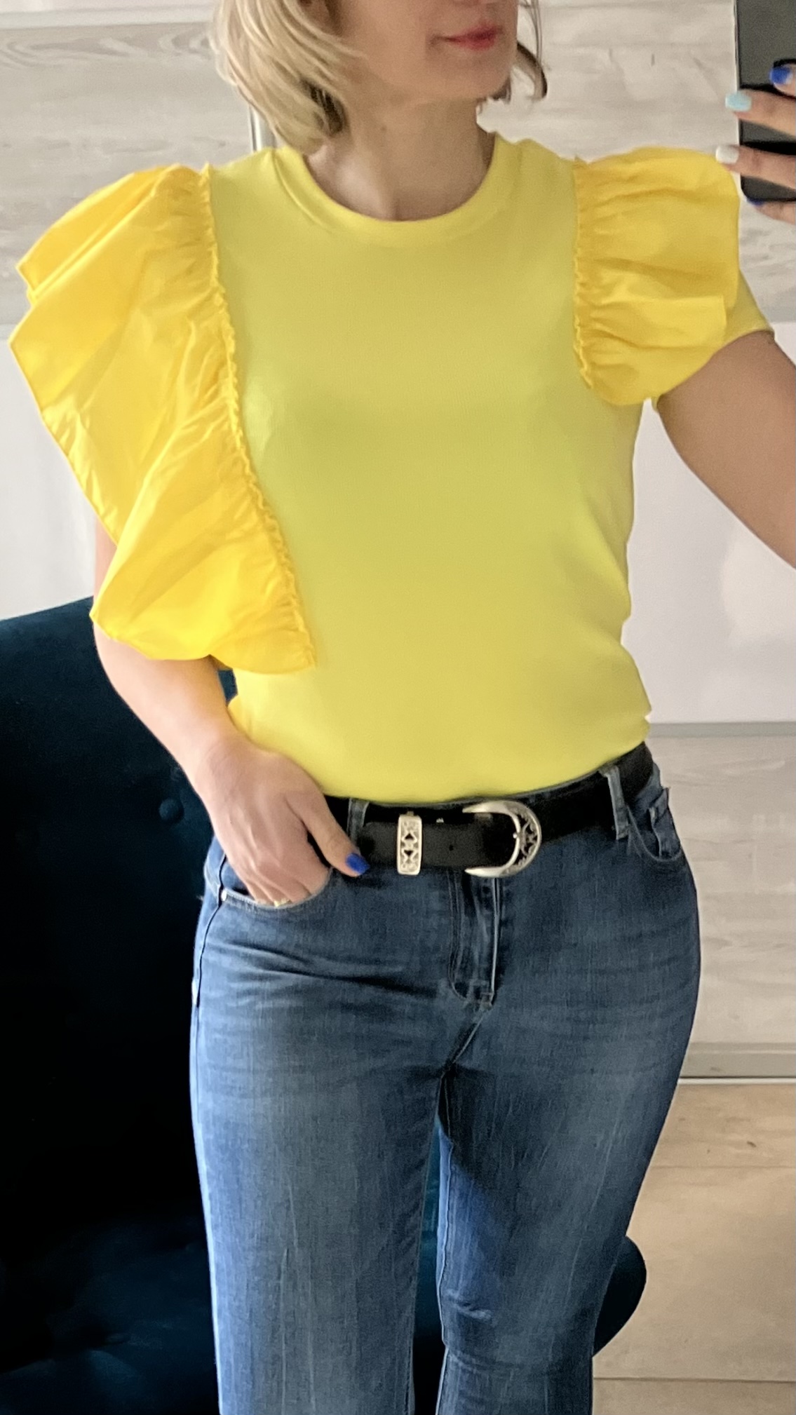 Rebrované tričko s volánmi žlté