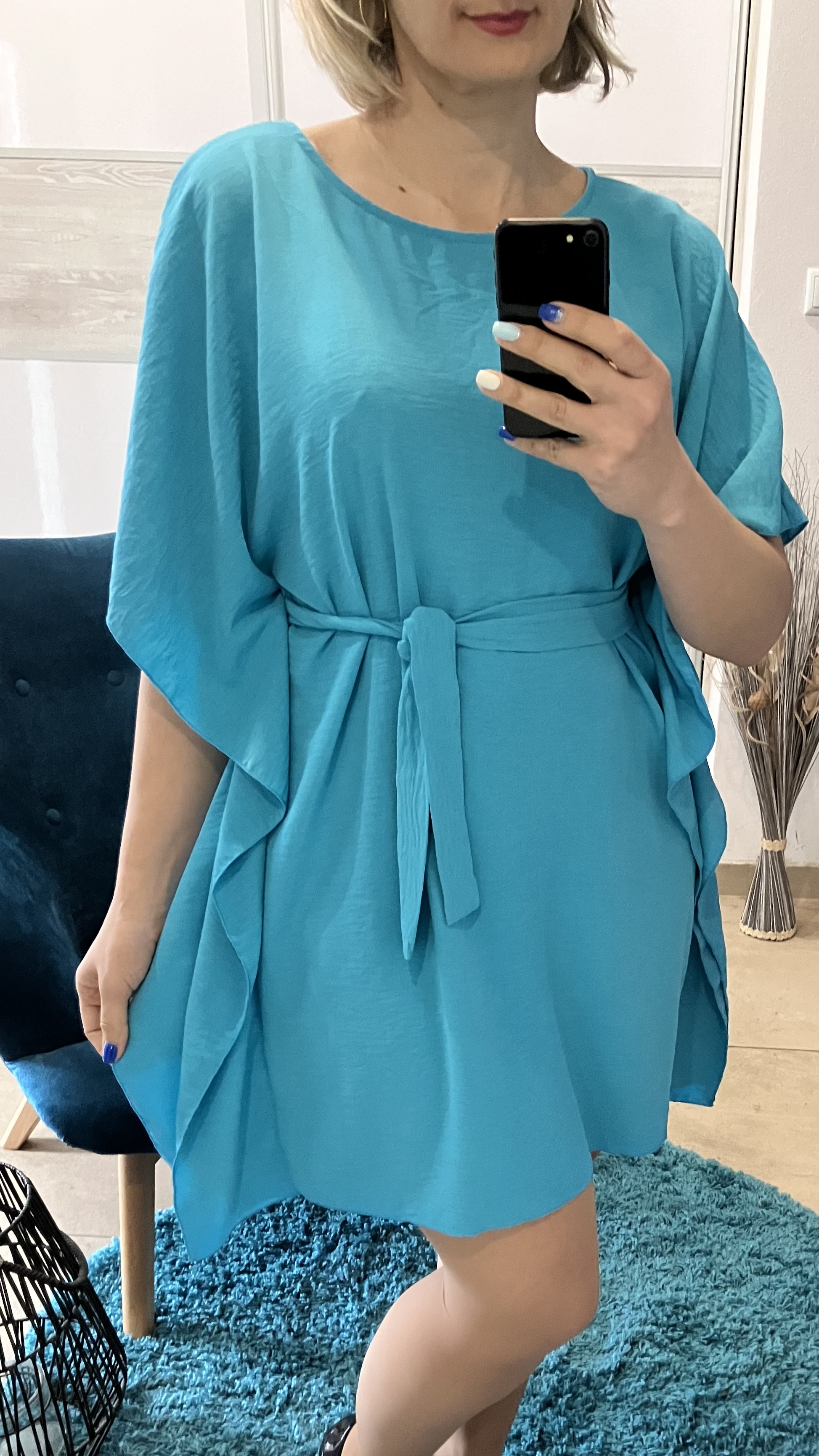 Dámske oversize netopierie šaty s opaskom modré (UNI - S,M,L,XL)
