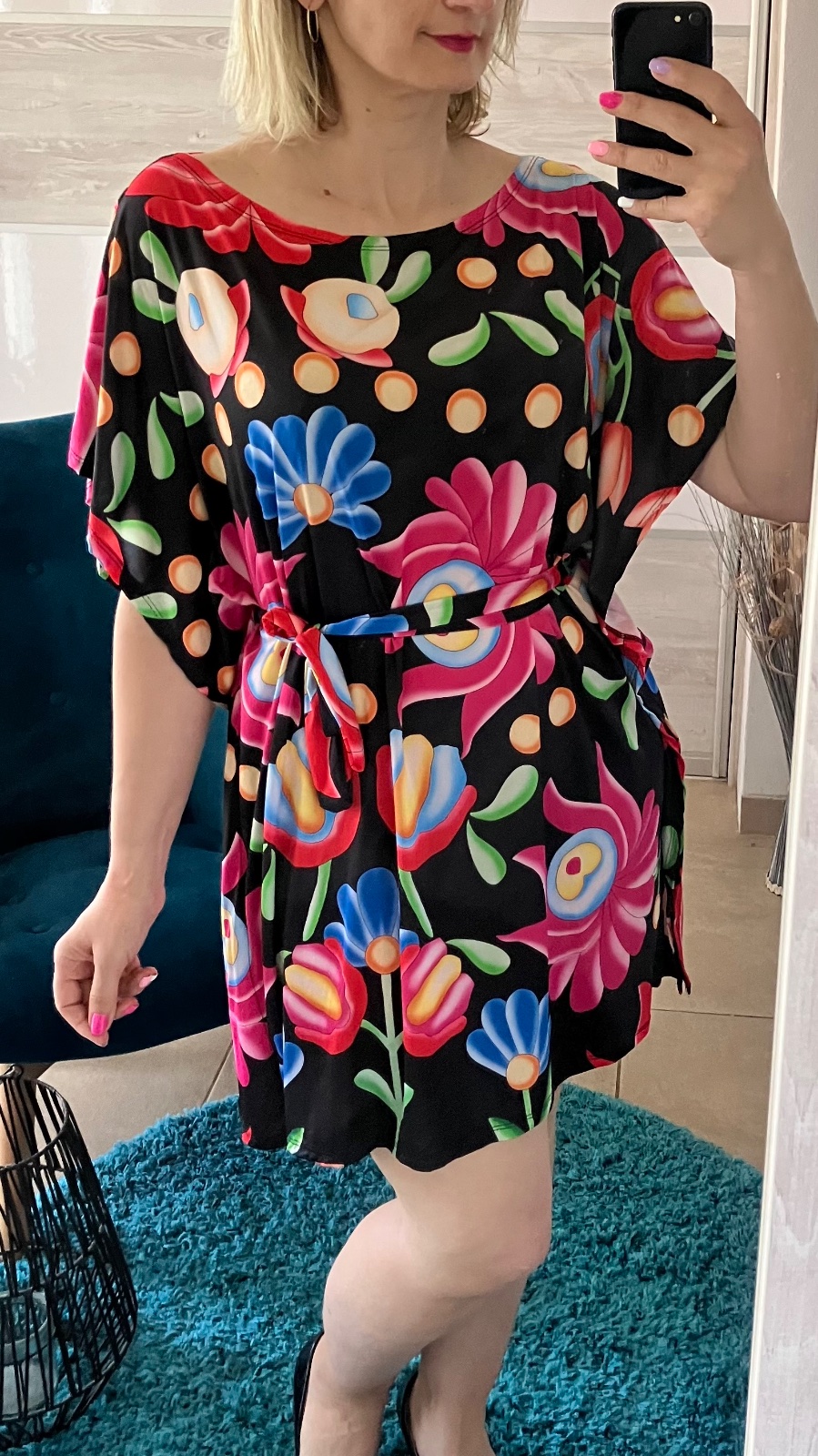 Oversize netopierie šaty s opaskom kvetované (UNI - S,M,L,XL)
